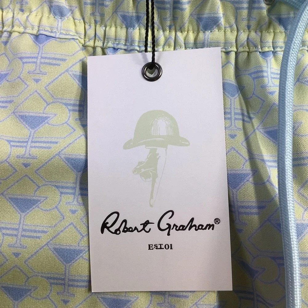 Robert Graham Mens Martini Tower Swim Trunks Yellow Blue Size L NWT